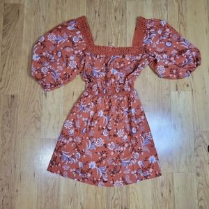 NWT Forever 21 Orange Rust Floral Boho Dress Crochet Neckline - Size Small